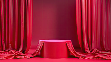Elegant red cloth-draped cylinder podium, vibrant magenta backdrop, product showcaseの素材