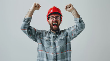 Excited builder in helmet showing winner sign, plain white background view.の素材