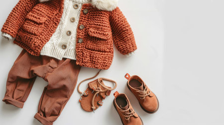 Fashionable children's fall ensemble, terracotta jacket, knitted sweater, trousers, boots, flat lay, top viewの素材