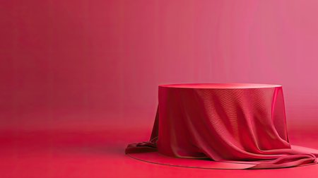 Elegant product display on red cloth-covered cylinder podium, vibrant magenta backgroundの素材