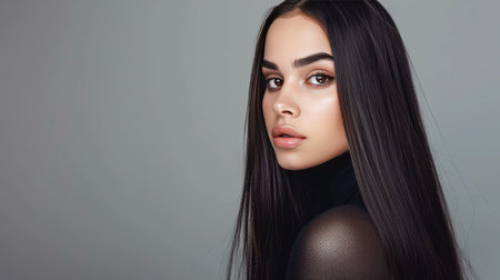 Fashionable brunette woman with sleek straight long shiny hair, urban vibe, beauty and hair careの素材