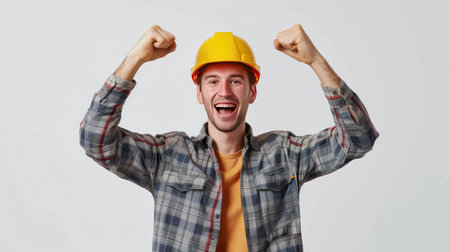 Excited builder in helmet showing winner sign, plain white background view.の素材