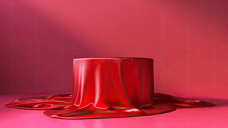 Luxurious cylinder pedestal with red fabric cover, magenta background, product showcaseの素材