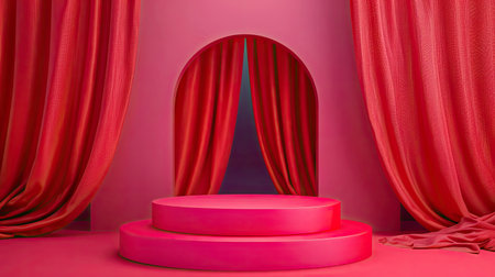 Elegant red cloth-draped cylinder podium on vibrant magenta backdrop, product showcaseの素材