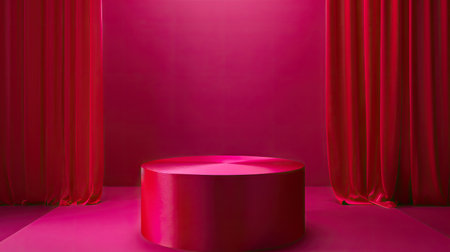 Elegant product display on red cloth-covered cylinder podium, viva magenta backgroundの素材
