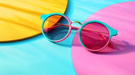 Fashionable glasses with round frames, colorful background promoting summer saleの素材
