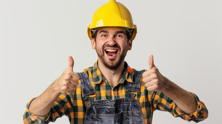 Excited young builder in helmet celebrating success with thumbs up gesture against white wall background.の素材