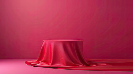 Luxurious cylinder pedestal with red fabric, vibrant magenta background, product showcaseの素材