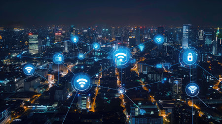 IoT concept: Data exchange between smart objects on network, digital tech integrationの素材