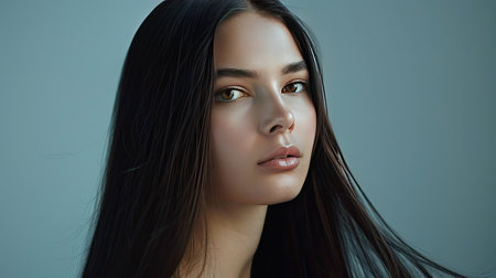 Gorgeous brunette with straight long shiny hair, minimalist style, beauty and hair careの素材