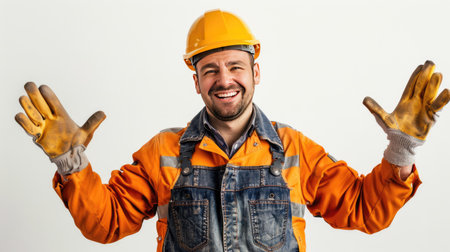 Positive construction worker in hard hat expressing joy, white backdrop view.の素材