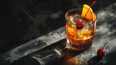 Old Fashioned cocktail with a twist of orange and cherry, in a glass, on a shadowy, dark surfaceの素材