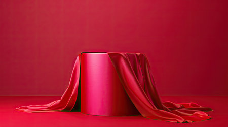 Premium fabric-draped cylinder podium, red cloth, vivid magenta background, product displayの素材