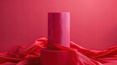 Premium product display on red fabric-covered cylinder podium, magenta backgroundの素材