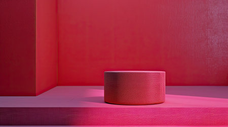 Premium product display on red fabric-covered cylinder podium, magenta backgroundの素材