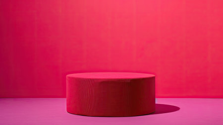 Premium red cloth-covered cylinder podium on vibrant magenta background, product showcaseの素材