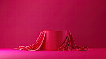 Red cloth draped cylinder podium on vibrant magenta background, elegant product displayの素材