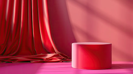 Premium cylinder pedestal with red cloth, vibrant magenta backdrop, product displayの素材