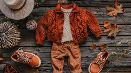 Trendy kids' autumn fashion, terracotta jacket, knitted sweater, trousers, boots, flat lay, top viewの素材
