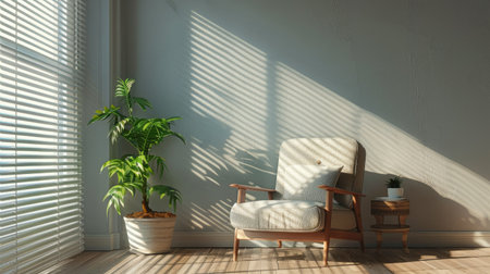 Soft armchair and houseplant by large window with blinds, cozy and spacious room interiorの素材
