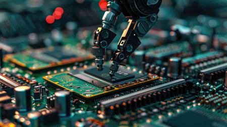 Robot arm in modern electronics production line, precise assembly of circuit boardsの素材