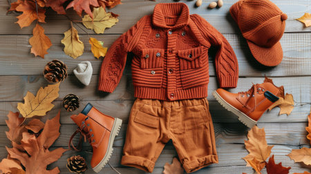 Trendy autumn fashion for children, terracotta jacket, knitted sweater, trousers, boots, flat lay, top viewの素材