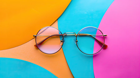 Round-frame glasses on a colorful background, promoting summer sale discountsの素材