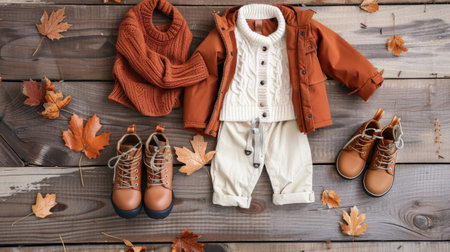 Stylish kids' autumn outfit, terracotta jacket, knitted sweater, trousers, boots, flat lay, top viewの素材