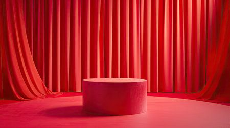 Sophisticated red cloth-covered cylinder podium, viva magenta backdrop, product showcaseの素材