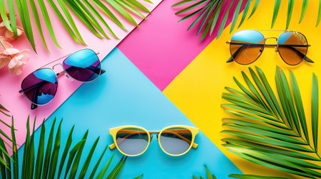 Sunglasses collection on a vibrant background, promoting summer fashion saleの素材
