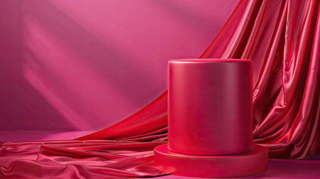 Sophisticated product display on red cloth-covered cylinder podium, magenta backgroundの素材