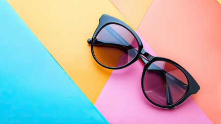 Trendy sunglasses on a colorful background with space for text, promoting a summer saleの素材
