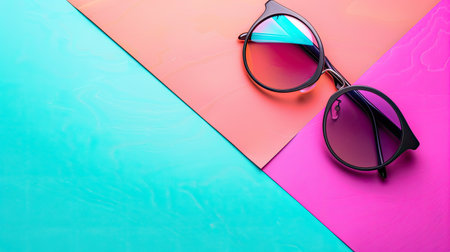 Sunglasses display with summer sale promotion, vibrant background with text spaceの素材