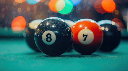 Close-up of billiard balls on a pool table, with the black eight ball in sharp focus, representing sports bettingの素材