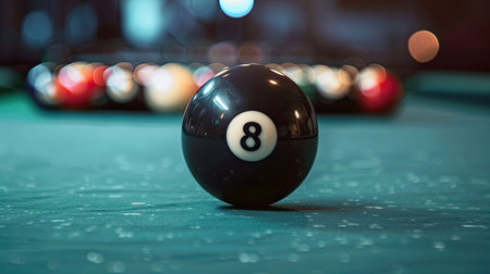 Close-up of black eight ball on pool table, dramatic focus on the ultimate game-deciding shotの素材