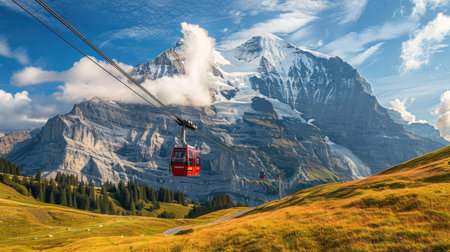 Eiger Express cable car carrying passengers in Swiss Alps, dramatic mountain scenery in backgroundの素材