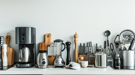 Contemporary kitchen gadgets on a white background, modern designの素材