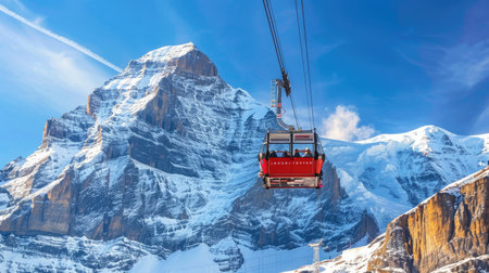 Eiger Express cable car ride in Swiss Alps, passengers enjoying dramatic mountain backdropの素材