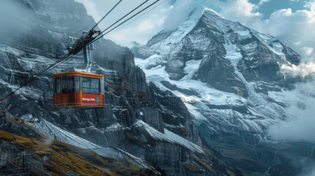 Eiger Express cable car in Swiss mountains, dramatic alpine landscape in backgroundの素材