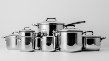 Contemporary stainless steel pots and pans on white background, sleek and functionalの素材