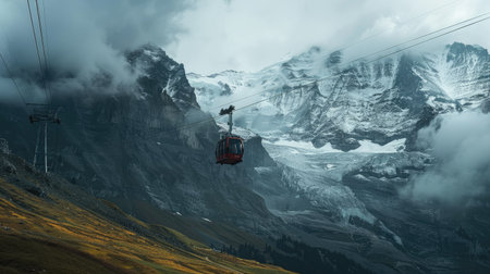 Eiger Express cable car ride in Swiss mountains, passengers enjoying dramatic landscapeの素材