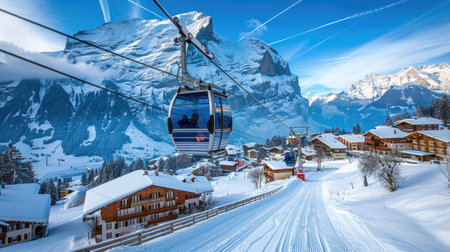 Eiger Express Cableway gondola in winter, Grindelwald village and snowy Wetterhorn mountain in background under blue skyの素材