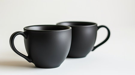 Modern matte black coffee cups on clean white background, chic and trendyの素材