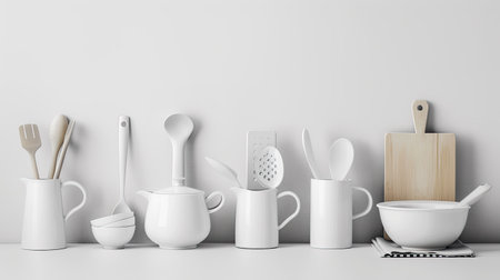 Modern kitchenware set on white background, elegant and minimalist design, perfect for home decorの素材