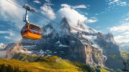 Eiger Express cable car in Swiss Alps, passengers viewing dramatic landscapeの素材