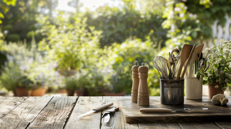 Kitchen tools on rustic wooden table with garden view, perfect for product displayの素材