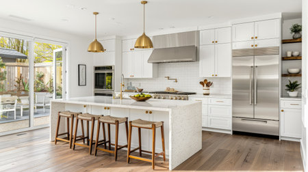 Modern kitchen interior with white cabinets, brass knobs, and granite island in a stylish Scandinavian houseの素材