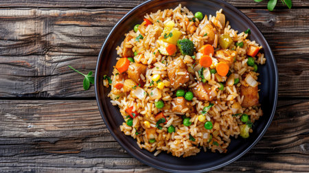 Plate of vegetarian fried rice with ginkgo, chestnut, lotus seed, and vegetables on wooden backgroundの素材