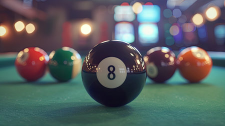 Pool table with billiard balls, the black eight ball prominently in focus, highlighting sports bettingの素材