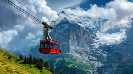 Eiger Express cable car in Swiss mountains, dramatic alpine landscape in backgroundの素材